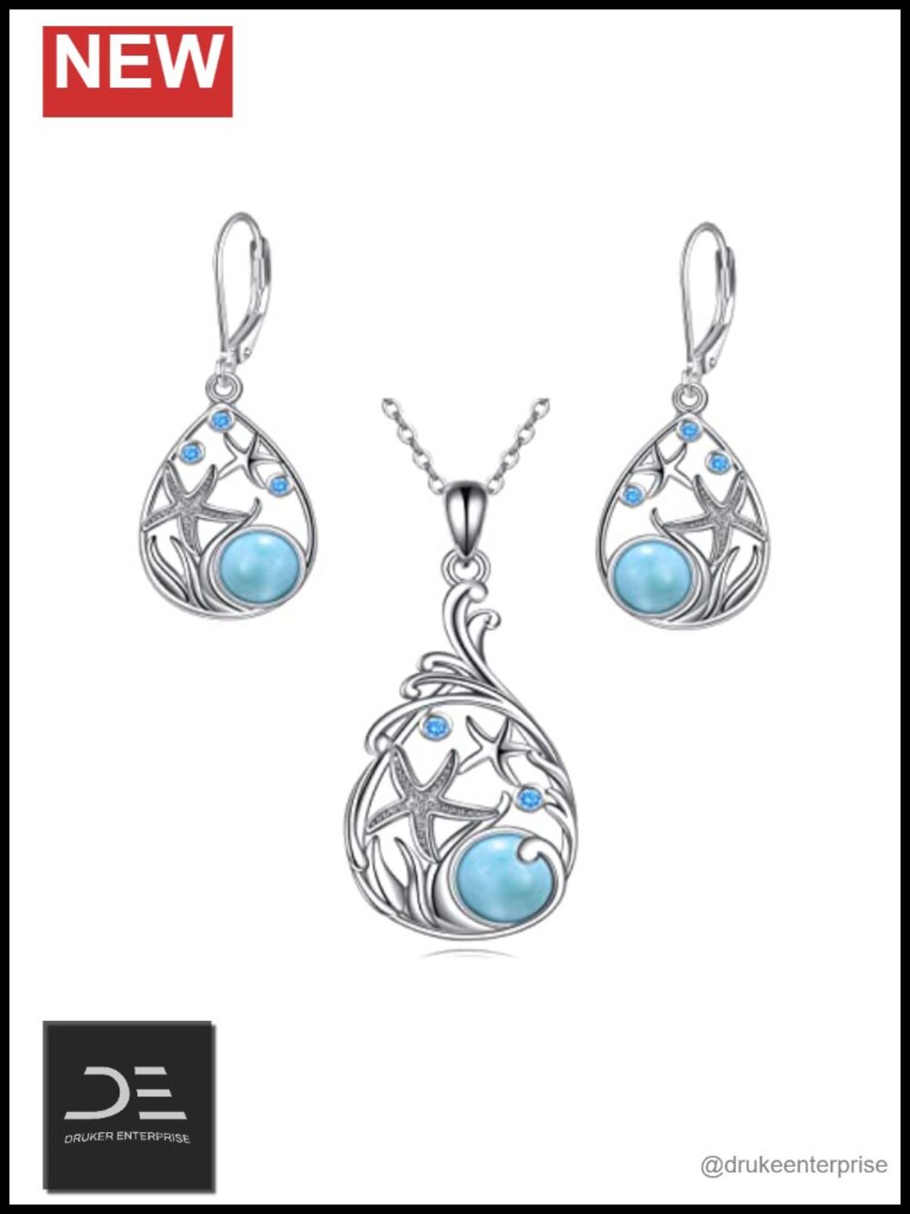 Sterling Silver Larimar Starfish Teardrop Earrings Necklace Set Polished